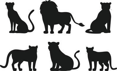 Big cats of Africa and North America isolated Vectors Silhouettes