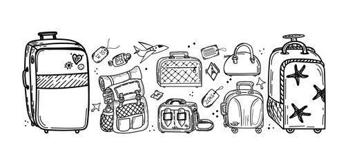 Set of different kinds of luggage, hand-drawn doodle in sketch style. Vector illustration. Large and small suitcase, small bag, hand luggage, valise, tags. Accessories. Airplane. Sketch.