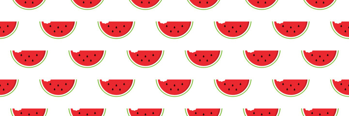 Watermelon slices with bite marks wide horizontal cartoon style vector seamless pattern background.
