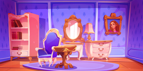 Princess violet living room, empty cozy purple interior with elegant retro furniture, cupboard, chair and table, mirror and floral pattern wall decor, Cartoon vector illustration