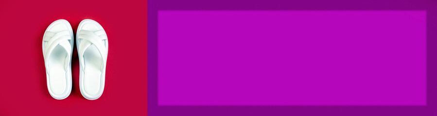 Women's summer white slippers on a red background. Slippers. Banner for insertion into site. Place for text cope space. Horizontal image