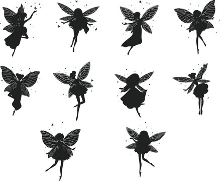 Funny Gorgeous fairies different dresses isolated Vectors Silhouettes
