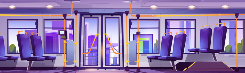 Empty bus on bus stop or station on city street. Vector cartoon illustration of public passenger transport cabin interior with blue chairs, ticket validator, doors and windows © klyaksun