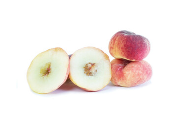 Donut peach on white background. Flat peach, doughnut peach, donut peach or Saturn peach.