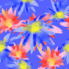 Red and blue painted watercolor flowers seamless pattern, brush strokes floral print