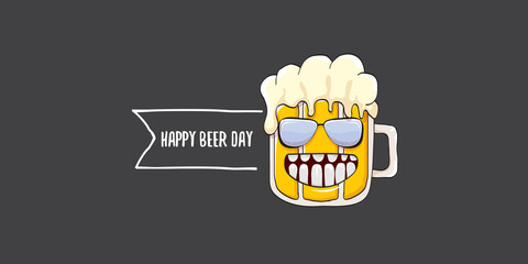 International beer day horizontal banner or summer poster with vector funky beer character isolated on grey background. Vector Cartoon funny International beer day label and poster