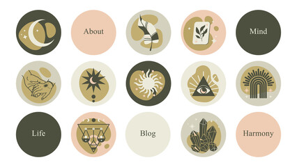 Magic highlights set. Paranormal and esoteric icons for a blog about mental health, magic and mystique.