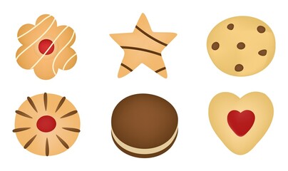 Cartoon cookies and gingerbread. Tasty food. Delicious biscuit and cracker. Baked dough products. Isolated collection of pastries. Sweet snacks. Set of vector delicious desserts.