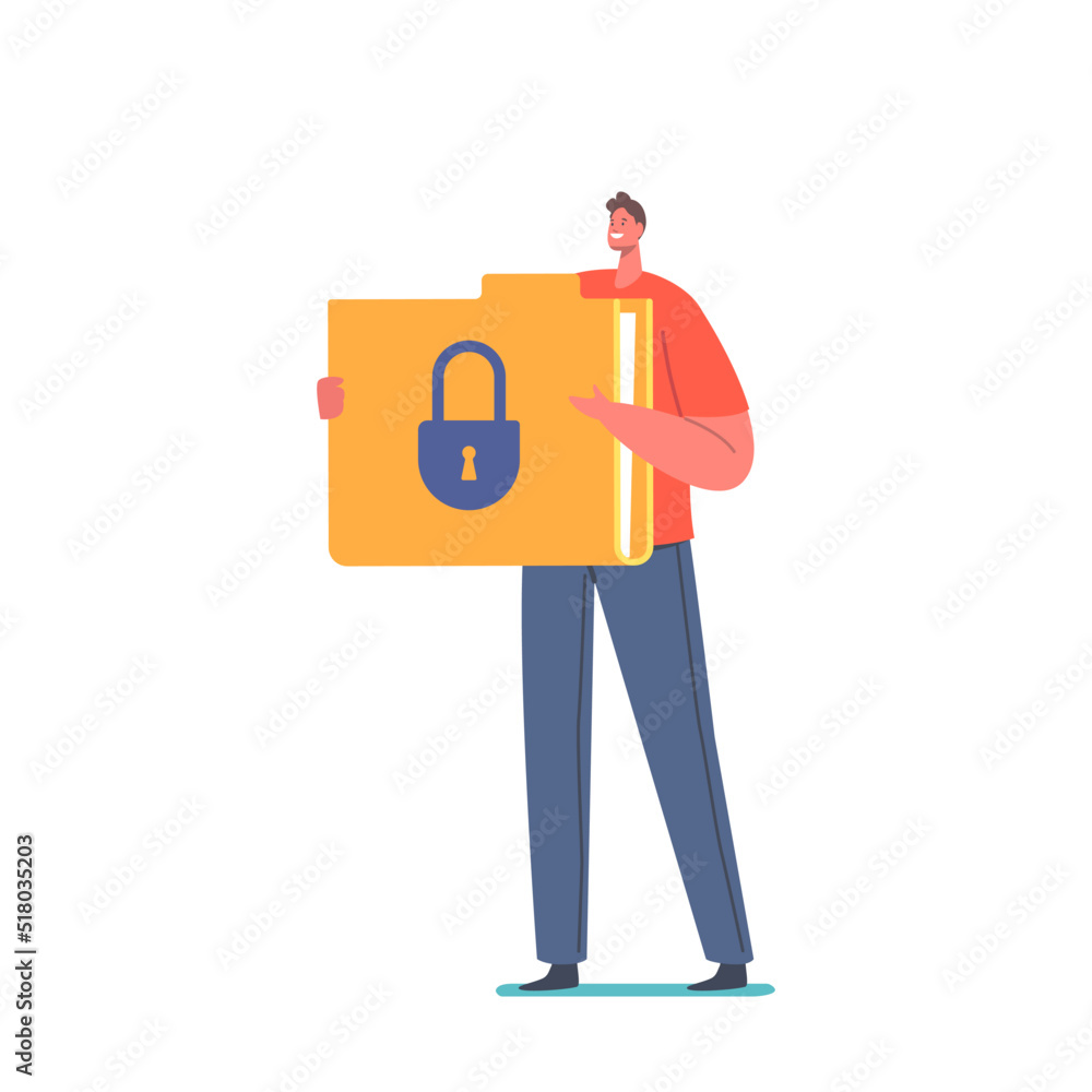 Poster tiny male character with huge file folder and padlock isolated on white background. identification, 