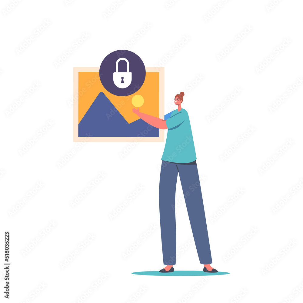 Poster tiny female character with huge media file with lock. data security, privacy and data protection con