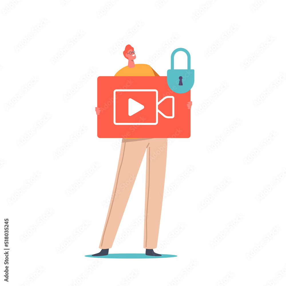 Poster tiny male character with huge video play button or media file with padlock. data security, privacy, 