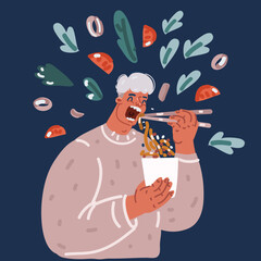 Cartoon vector illustration of man eats instant noodles