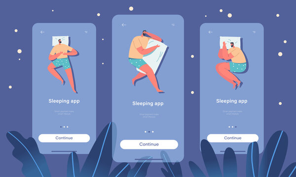 Sleeping App Mobile Page Onboard Screen Template. Men Sleep or Relaxing in Different Poses, Male Character Lying in Bed