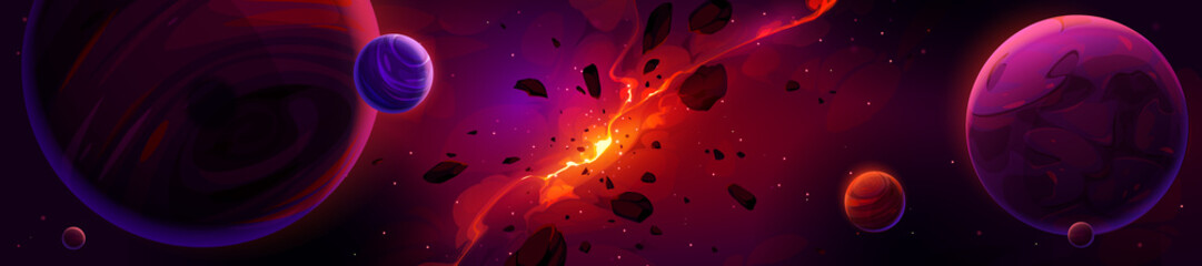 Cartoon red space background with glowing galaxy nebula and flying rocks and planets in dark starry sky. Birth of new star, explode in universe. Fantasy alien world, cosmos view, Vector illustration © klyaksun