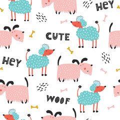 Childish seamless pattern with funny creative dogs. Creative childish texture in scandinavian style. Great for fabric, textile Vector Illustration.