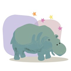 Cute hand drawn hippo. Funny cartooon animal. Flat llustration, poster, print for kids t-shirt, baby wear.