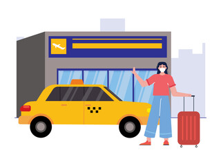 A woman bring suitcase out of the airport. She outside the airport with a taxi car. Ai vector illustration	