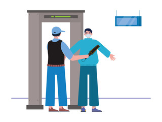 Airport body scanners for passengers. Security officer checks passengers with metal detector. Ai vector illustration