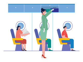 Stewardess places luggage. Stewardess and aircraft passengers. Ai vector illustration	