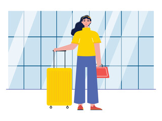 A women standing with suitcase and bag at airport. Style of own journey. Ai vector illustration	