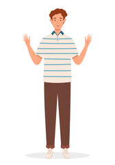 Young curly man in casual clothes. Student concept character. Happy high school boy. Vector illustration in a flat style. Character illustration for presentations, cards, banners and other designs