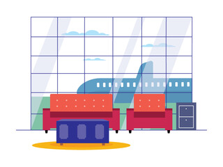 Executive waiting room airport with plane view. Interior of executive lounge. Ai vector illustration	