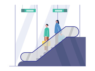 Passengers with suitcase get off the escalator. Escalator with transparent glass to facilitate mobility. Ai vector illustration	