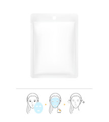 A sachet bag with instructions for the use of facial cosmetic mask. Vector illustration isolated on white background. Can be used for cosmetic mask and hygiene, medical. EPS10.