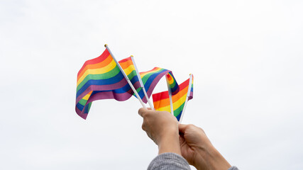 LGBTQ Rainbow Flags being waved symbol of Diversity Gay and lesbian for Celebration gay pride parade, Concept of     homosexual, gay community LGBTQ society, Lesbians and gays representatives of LGBTQ