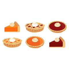 Pie set Vector Illustration. Thanksgiving and Holiday Cherry and Pumpkin Pie. Happy Thanksgiving Day traditional fruit pie with whipped cream on the top. Autumn november. Isolated on background - obrazy, fototapety, plakaty