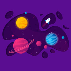 Vector illustration of outer space, interstellar travels, universe and distant galaxies, solar system, and spaceship. Background 