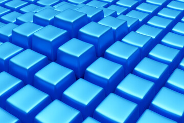 Fototapeta na wymiar 3D illustration volumetric blue cubes on a geometric monophonic background. Parallelogram pattern. Technology geometry background