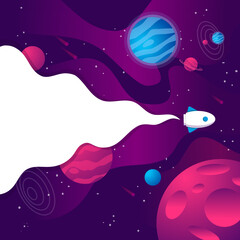 Vector illustration of outer space, interstellar travels, universe and distant galaxies, solar system, and spaceship. Background 