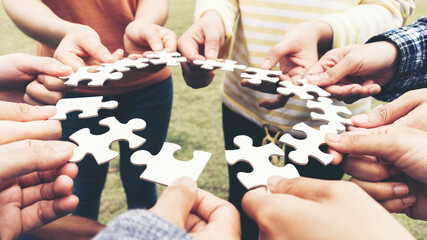 Team Hands Empathy Trust Partner partnership grow and placing the jigsaw puzzle for connect business partner and connection integration start up concept Empathy teamwork. Team Volunter charity Faith. - obrazy, fototapety, plakaty