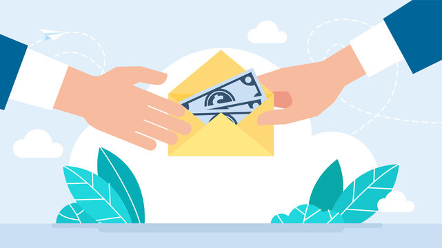Salary. The employee receives money in an envelope. Monetary reward for work done. Financial assistance, donations. Project financing. Hand with an envelope of money. Flat style. Business illustration