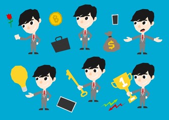 A set illustration of boy with businessman suit and some working tools