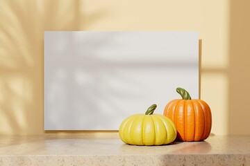Empty paper with yellow and orange pumpkins Happy Thahksgiving template 3d render.