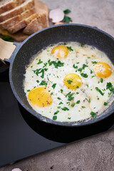 Fried Egg in cast iron frying pan on black induction hob