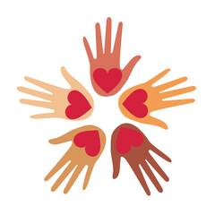Fototapeta premium Loving hands with heart. Charity concept. Open palms of people of multiethnic communities. 