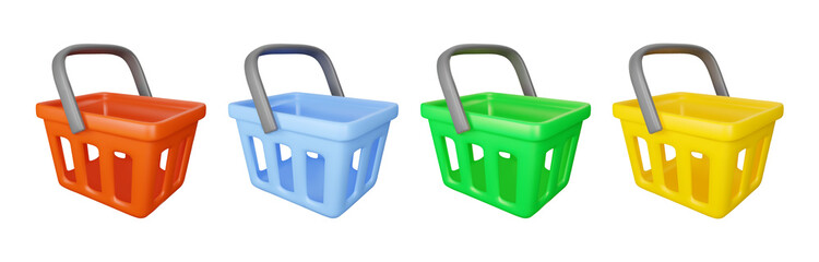 3d shopping basket icon set. Vector render different colors supermarket cart illustration isolated on a white background.