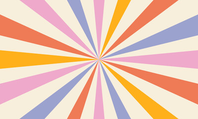 Abstract background of rainbow stripes in the style of 60s 70s. The rays of the sun. Vintage groovy retro background. Hippie aesthetics.