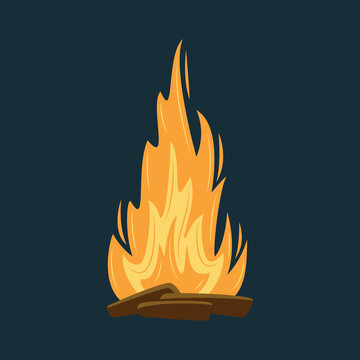 Wood campfire on dark background, travel and adventure symbol. Fire bright design. Firewood flames. Vector illustration. Flat style cartoon outdoor night bonfire