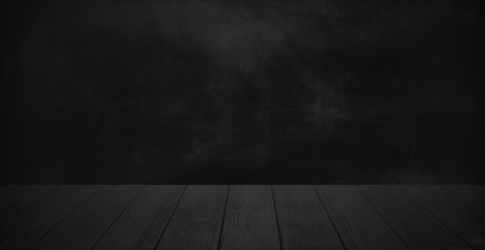 dark black chalkboard background with a wooden plank for product showcase