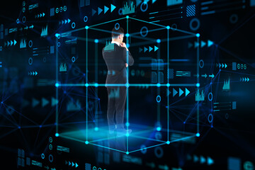 Thoughtful young european businessman standing inside abstract cube hologram on blurry blue background. Metaverse, software, future and data center concept. Double exposure.