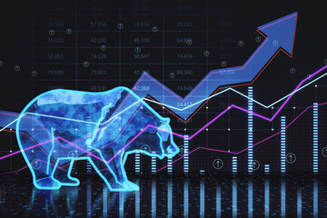 Silhouette form hologram of bear on financial stock market graph representing stock market crash or down trend investment on black background. 3D Rendering. - obrazy, fototapety, plakaty
