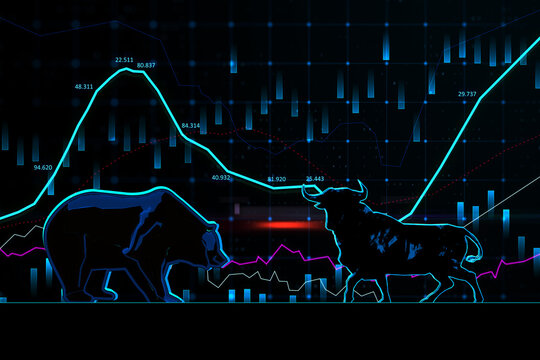 Stock exchange trading concept. The bulls and bears struggle. Equity market illustration. Creative hologram and graph on dark texture. 3D Rendering.
