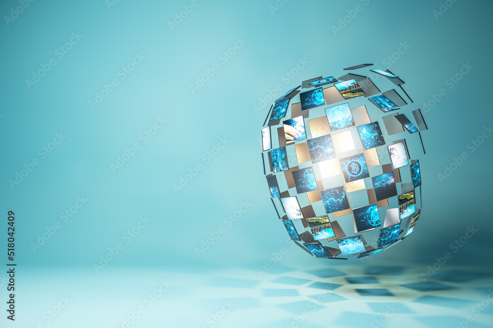 Aufkleber Abstract digital image gallery sphere with bitcoin and metaverse concepts on blue background with mock up place for your advertisement. Cryptocurrency and future concept. 3D Rendering.