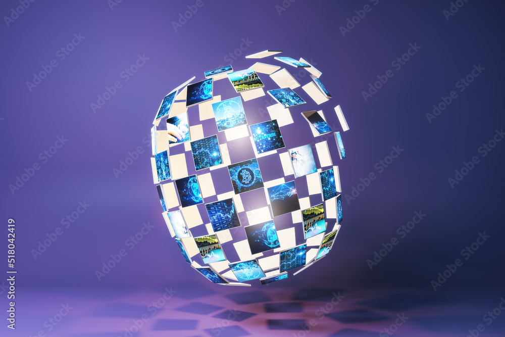 Aufkleber Abstract digital image gallery sphere with bitcoin and metaverse concepts on purple background. Cryptocurrency and future concept. 3D Rendering.