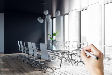 Creative hand drawn sketch of luxury meeting room interior with furniture and panoramic city view....