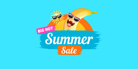 Summer sale funny horizontal banner with cartoon sun and funky banana character isolated on summer blue background. Vector 3d horizontal summer hot sale poster, flyer, banner, tag and background